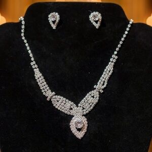 Silver Rhinestone Necklace & Drop Earrings Set